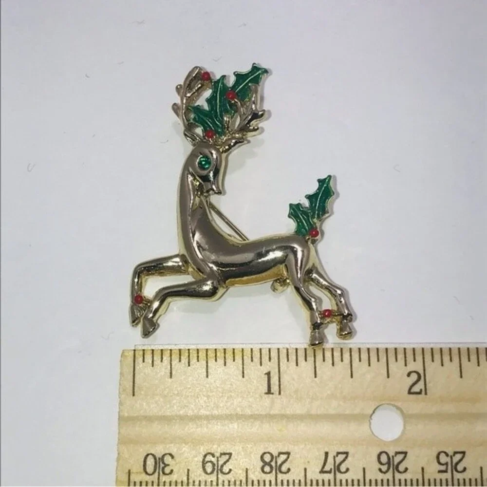 Vintage Gerry's Reindeer Gold tone Enamel Brooch Pins Costume Jewelry Set of 2